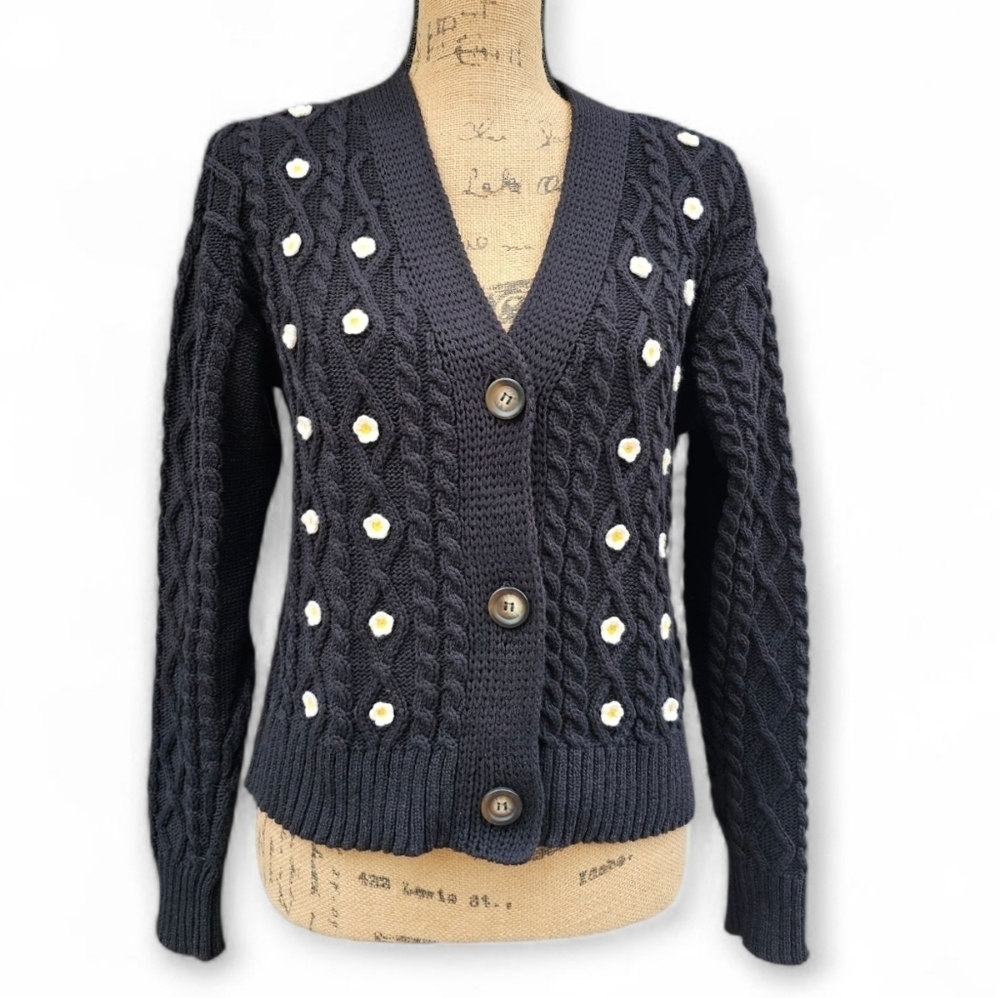 GiGi Cottagecore Black Cable Knit Daisy Cardigan - Boho Romantic Charm, Size S